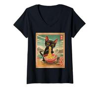 Mujer Anime Black Cat Ramen - Gato japonés Divertido Kawaii Camiseta Cuello V