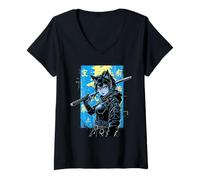 Mujer Anime Cat Girl Katana Dark Aesthetic Cyberpunk Art Camiseta Cuello V