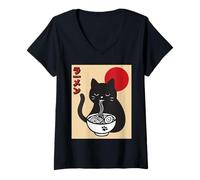 Mujer Anime Cat Ramen Instant Noodles Divertido Gráfico de Gato Japonés Camiseta Cuello V