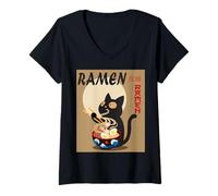 Mujer Anime Cat Ramen Instant Noodles Divertido Gráfico de Gato Japonés Camiseta Cuello V