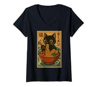 Mujer Anime Cat Ramen Japanese Funny Cute Kawaii Cat Anime Camiseta Cuello V