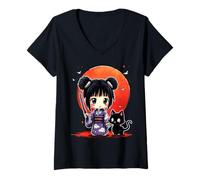 Mujer Anime Chica Samurai Gato Camiseta Cuello V