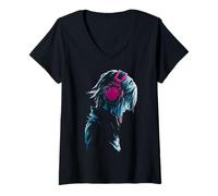 Mujer Anime Fan Music Auriculares Gamer Gaming Cool Camiseta Cuello V