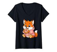 Mujer Anime Fox Kawaii con gráficos de Zorros Comiendo rosquillas Camiseta Cuello V