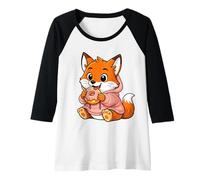 Mujer Anime Fox Kawaii con gráficos de Zorros Comiendo rosquillas Camiseta Manga Raglan