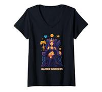 Mujer Anime Gamer Queen Jugador De Videojuegos XP Trono Jugador Diosa Camiseta Cuello V