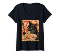 Mujer Anime Gato Negro Ramen Japonés Divertido Gato Kawaii Camiseta Cuello V
