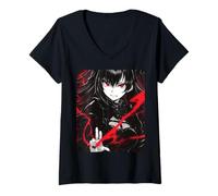 Mujer Anime gótico chica vampiro con ojos rojos y relámpago Camiseta Cuello V