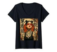Mujer Anime Kawaii Japanese Samurai Geisha Tattoo K-Pop Y2K Manga Camiseta Cuello V