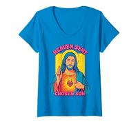 Mujer Anime Manga Jesús Sagrado Corazón Cristiano Retro Pop Art Azul Camiseta Cuello V