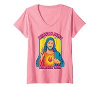Mujer Anime Manga Jesús Sagrado Corazón Cristiano Retro Pop Art Rosa Camiseta Cuello V