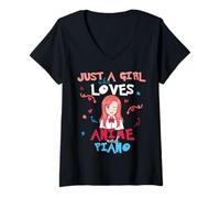 Mujer Anime Mujeres Adolescente Chica Que Ama Piano Camiseta Cuello V