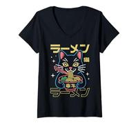 Mujer Anime Ramen Cat Japonés Retro Fideos Estética Gato Kawaii Camiseta Cuello V
