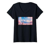 Mujer Anime Shiba Inu Bajo Sakura árbol con Monte Fuji Camiseta Cuello V