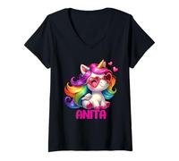 Mujer Anita - Unicornio Colorido con Nombre Personalizado Camiseta Cuello V