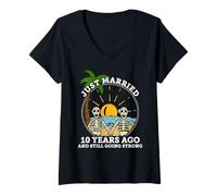 Mujer Aniversario de boda pareja casada hace 10 años Esqueleto Camiseta Cuello V