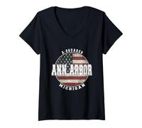 Mujer ANN Arbor Michigan, Bandera Americana Vintage Camiseta Cuello V