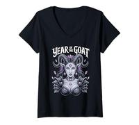 Mujer Año de la cabra Cuernos de guerrero místico Cristales Poder del zodiaco Camiseta Cuello V