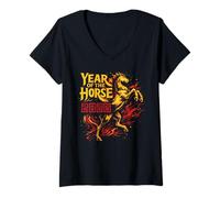 Mujer Año del Caballo 2026 Año Nuevo Chino Cultura del Zodiaco Lunar Camiseta Cuello V