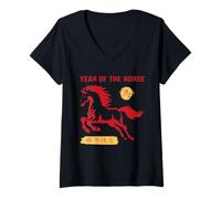 Mujer Año del Caballo 2026 Zodiaco Chino Año Nuevo Lunar Fuego Camiseta Cuello V