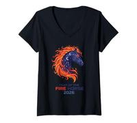 Mujer Año del Caballo de Fuego 2026 Año Nuevo Lunar Chino Zodiaco Camiseta Cuello V