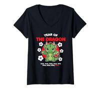 Mujer Año del Dragón 2024 Zodiaco Chino Año Nuevo Kawaii Camiseta Cuello V