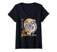 Mujer Año del Tigre Zodiaco chino Astrología de Asia Oriental Arte Camiseta Cuello V