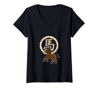 Mujer Año Lunar del Caballo Marrón Dorado Zodiaco Chino Camiseta Cuello V