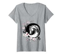 Mujer Año Nuevo Chino del Caballo en sumi e con Rama de Sakura Camiseta Cuello V