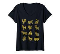 Mujer Año Nuevo Chino Lunar Chino Signos de Animales del Zodiaco Camiseta Cuello V