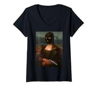 Mujer Antifaz de esquí vintage Mona Lisa con pistola de pistola divertida idea de regalo Camiseta Cuello V