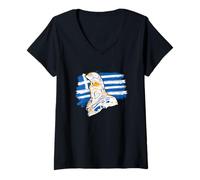 Mujer Antiguo Guerrero Griego Espartano sobre Bandera de Grecia Vintage Camiseta Cuello V