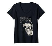 Mujer Antiguo Japón Clásico Flor Floral Vida Silvestre Arte Tigre Camiseta Cuello V