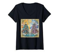 Mujer Antiguo Japón Deidad Izanagi e Izanami Vitral Camiseta Cuello V