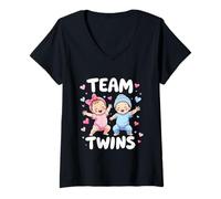 Mujer Anuncio de Embarazo de Gemelos revelan género Twin Boy and Girl Camiseta Cuello V
