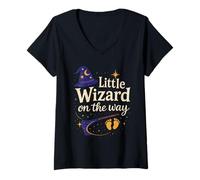 Mujer Anuncio de Embarazo de Halloween Little Wizard On The Way Camiseta Cuello V