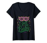 Mujer Anuncio de Embarazo I Got The Baby Revelar Mardi Gras Camiseta Cuello V