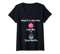 Mujer Anuncio de fiesta de revelación de género del bebé What In The Oven Camiseta Cuello V
