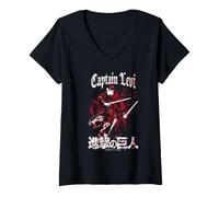 Mujer Aot Captain Levi with Kanji Red and White Gritty Anime Camiseta Cuello V