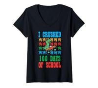 Mujer Aplasté 100 días de Escuela Dino Skateboard 100th Day Kids Camiseta Cuello V