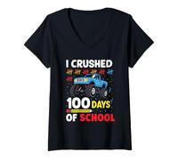 Mujer Aplasté 100 días de Escuela Monster Truck Camiseta Cuello V