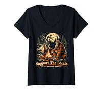 Mujer Apoya a los Locales Bigfoot Camping Retro National Park Camiseta Cuello V