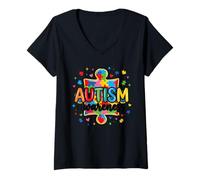 Mujer Apoya la Conciencia del Autismo Colorido Rompecabezas Pieza mamá papá niños Camiseta Cuello V