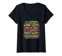 Mujer Apoya la Conciencia sobre el Autismo aquí o allá en Todas Partes Camiseta Cuello V