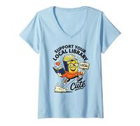 Mujer Apoya tu Biblioteca Local Lindo Libro de Dibujos Animados Retro Camiseta Cuello V