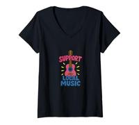 Mujer Apoyo a la música local: diseño colorido de guitarra para músicos Camiseta Cuello V