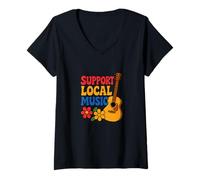 Mujer Apoyo a la música local: diseño colorido de guitarra para músicos Camiseta Cuello V