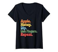 Mujer Apple Honey Dip Repeat Rosh Hashanah Yom Kippur Hanukkah Camiseta Cuello V