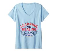 Mujer Aprendizaje y curación Van de la Mano Diseño de Bienestar Camiseta Cuello V