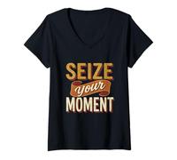 Mujer Aprovecha tu Momento Tipografía Motivacional Retro Camiseta Cuello V